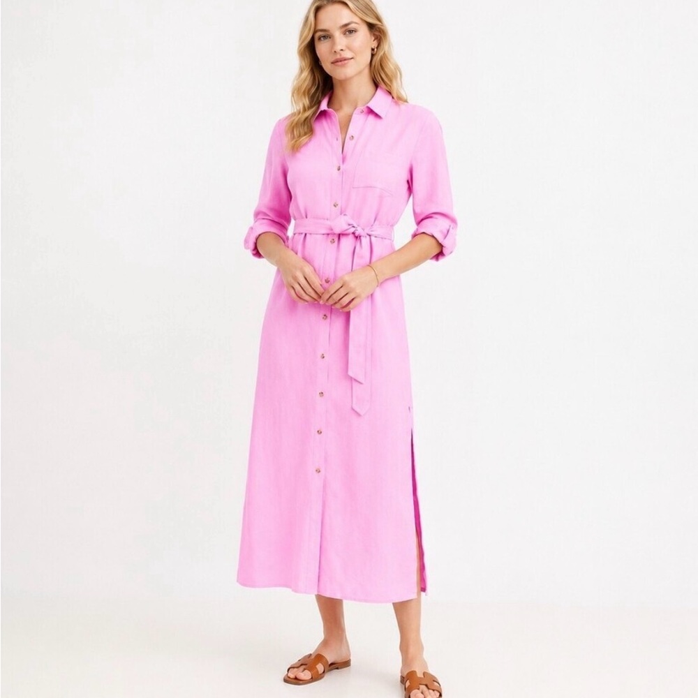 LOFT Pink Button-Front Shirt Dress with Tie Waist 4